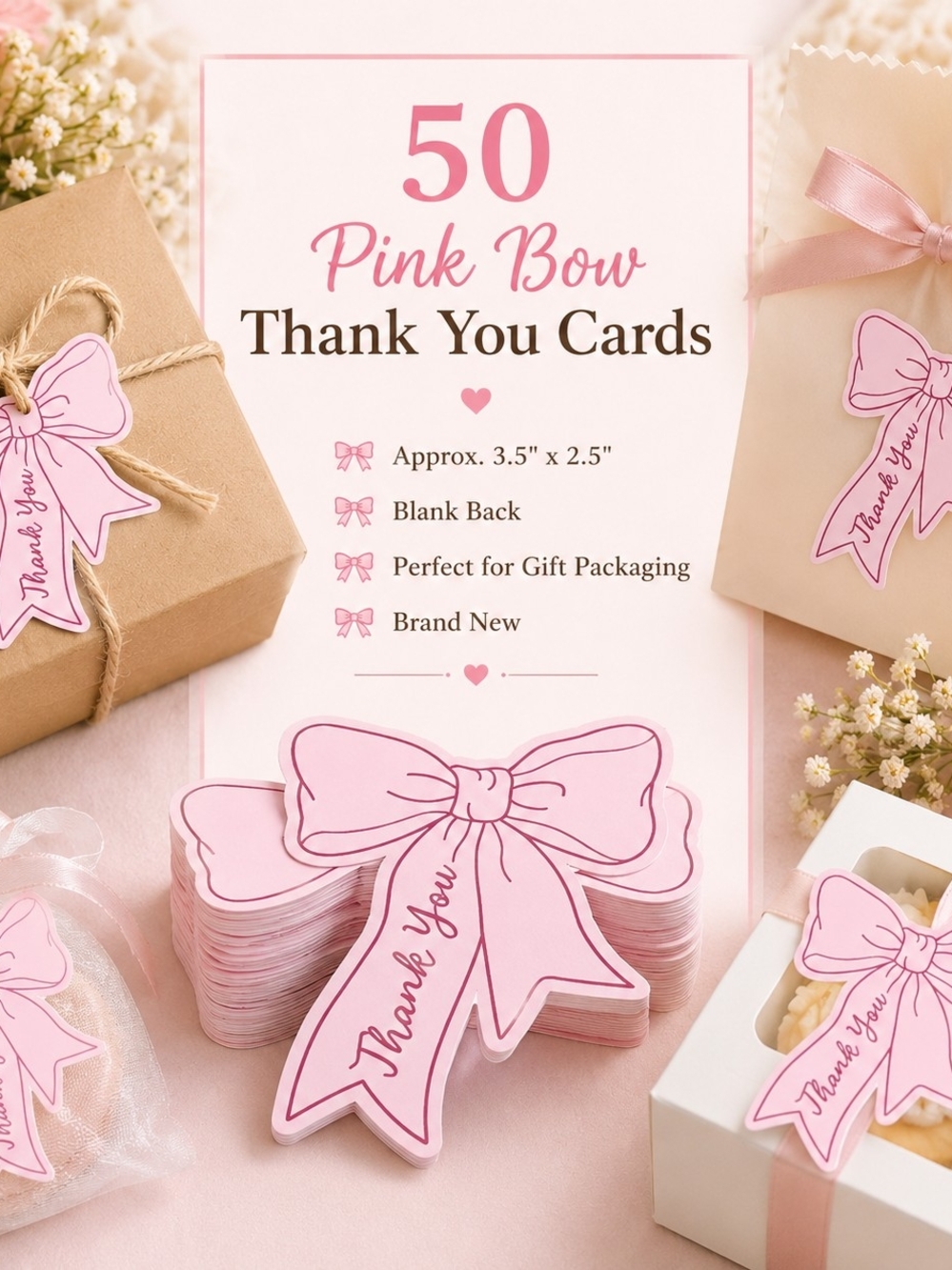 3 bundles for $25 Pink Bow Thank You Cards - Pack of 50